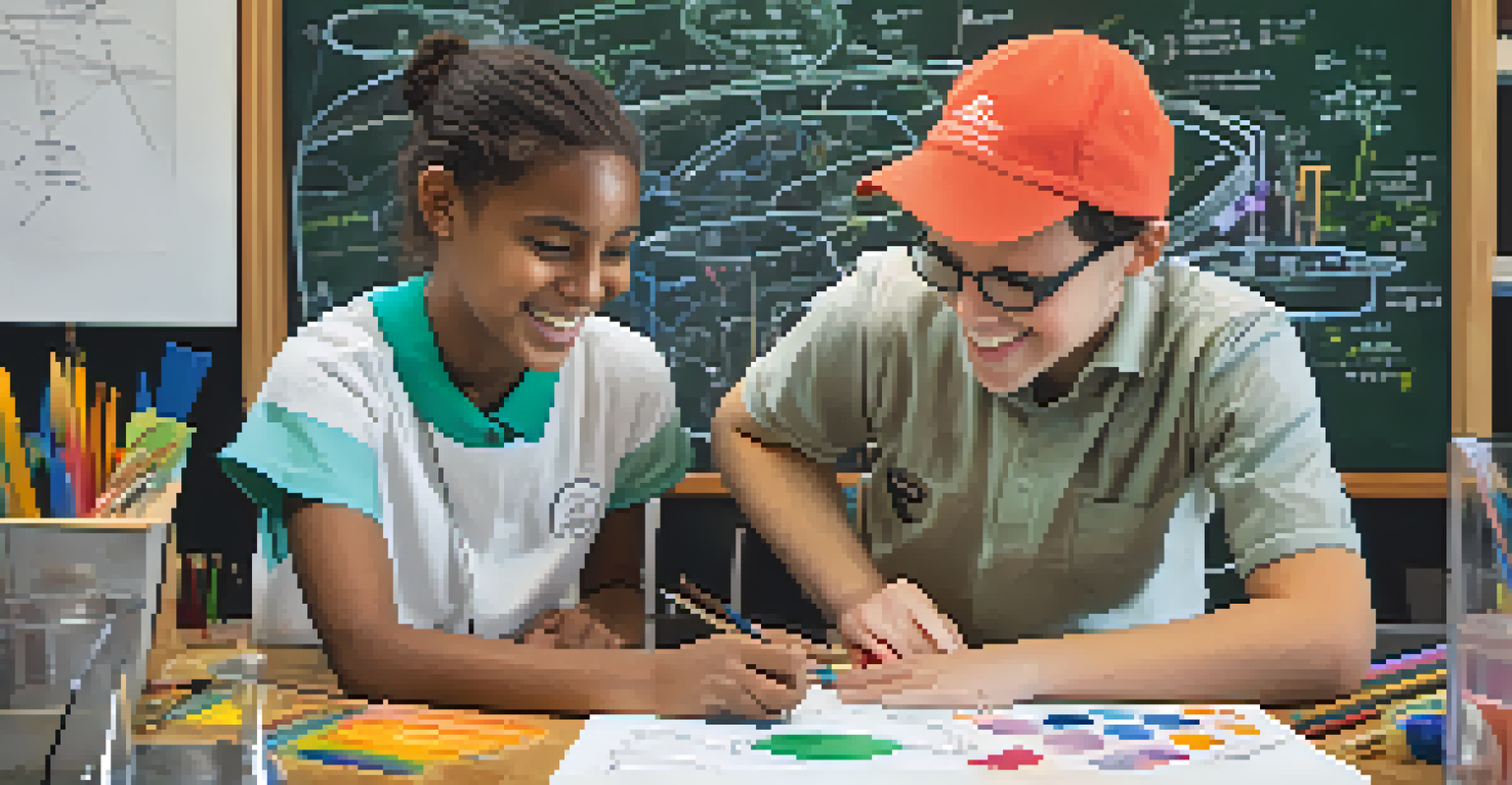 A volunteer helps a student with a science project, highlighting their teamwork amidst colorful materials and educational diagrams.