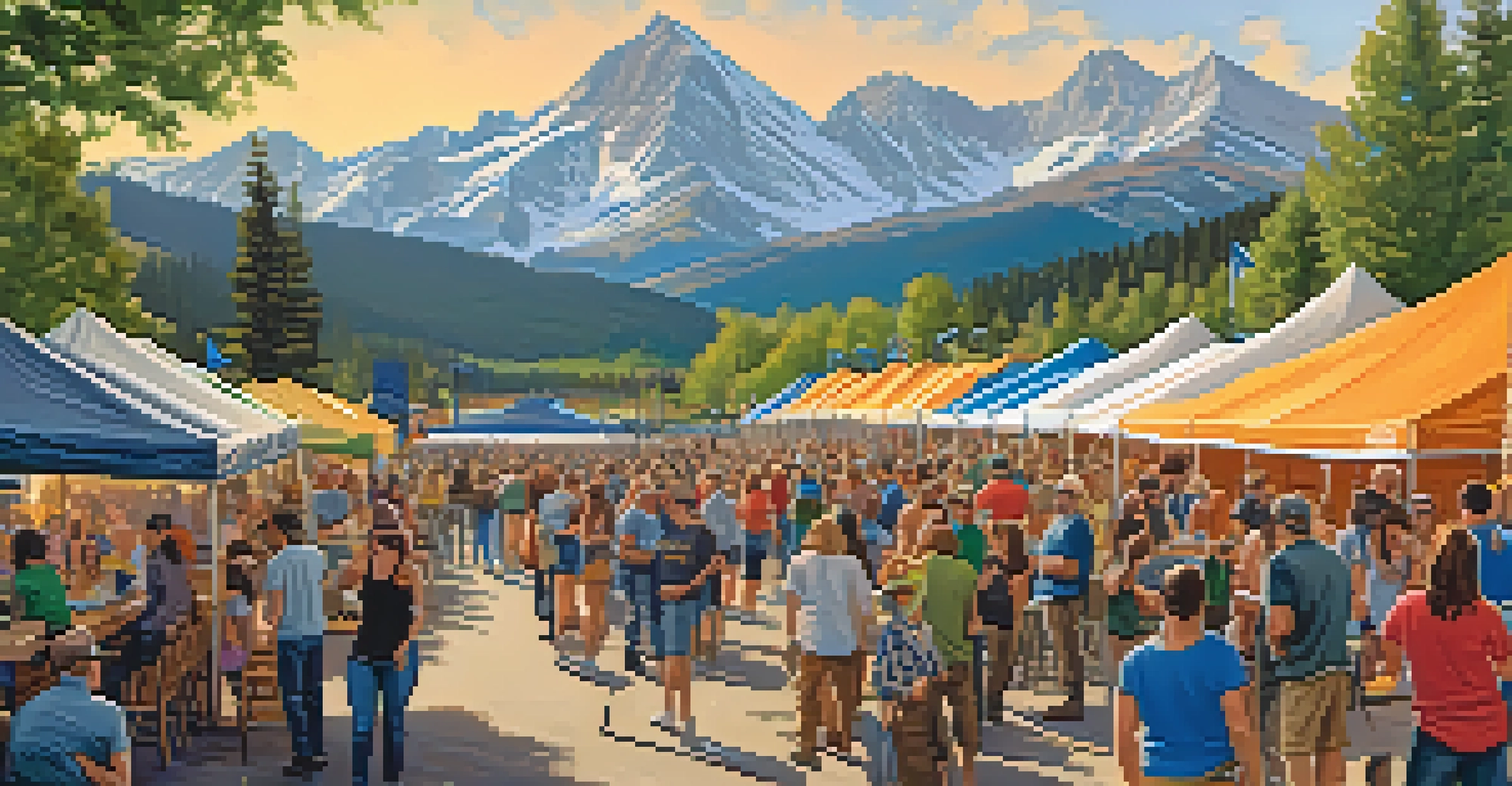A lively craft beer festival in Colorado with colorful tents, people enjoying beers, and the Rocky Mountains in the background.