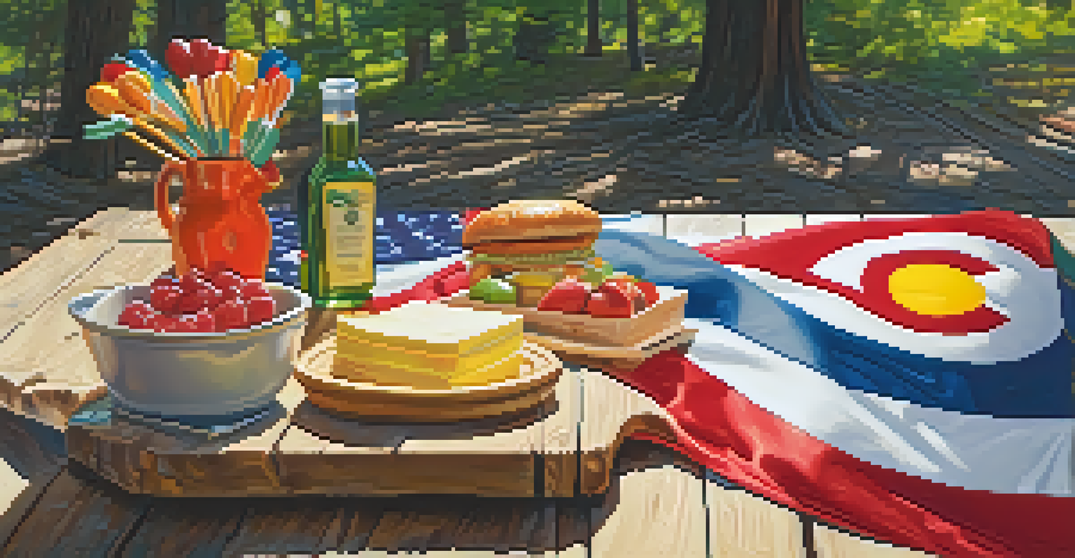 A close-up of the Colorado state flag on a picnic table during a festival, with sunlight and decorations around.