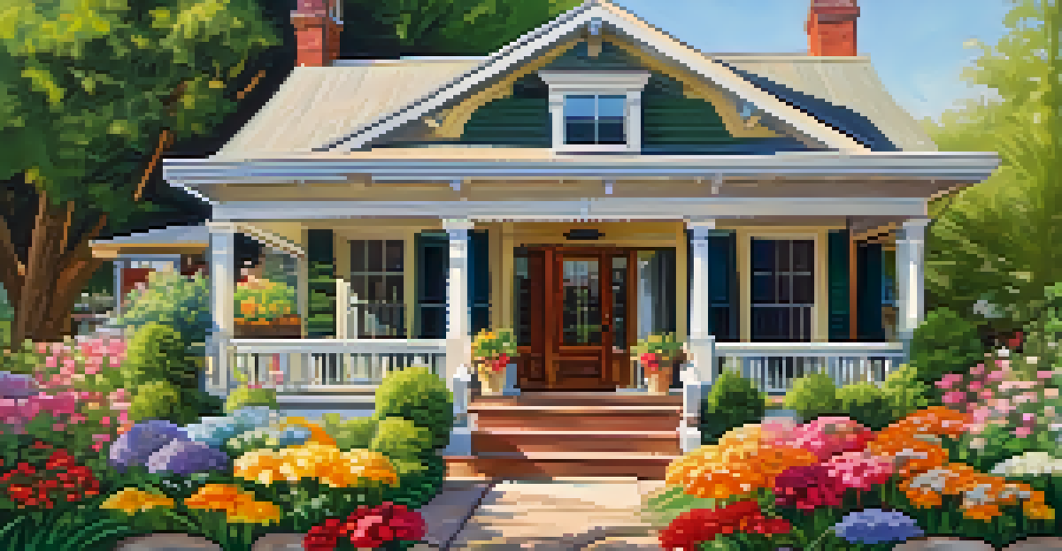 A 'For Sale' sign in front of a charming house with flowers and greenery.