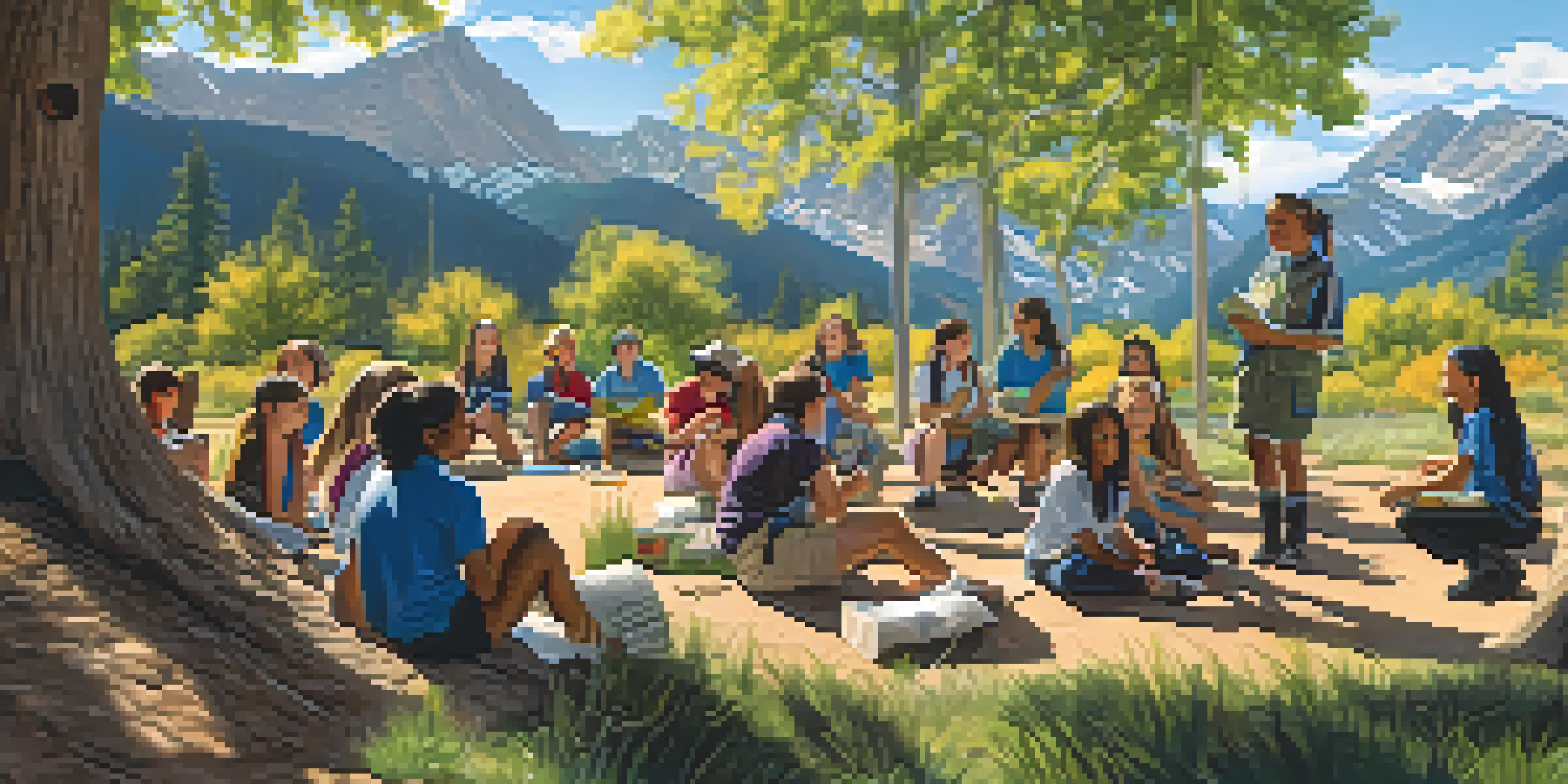 Students learning about ecosystems in an outdoor classroom setting in Colorado, surrounded by nature and mountains.