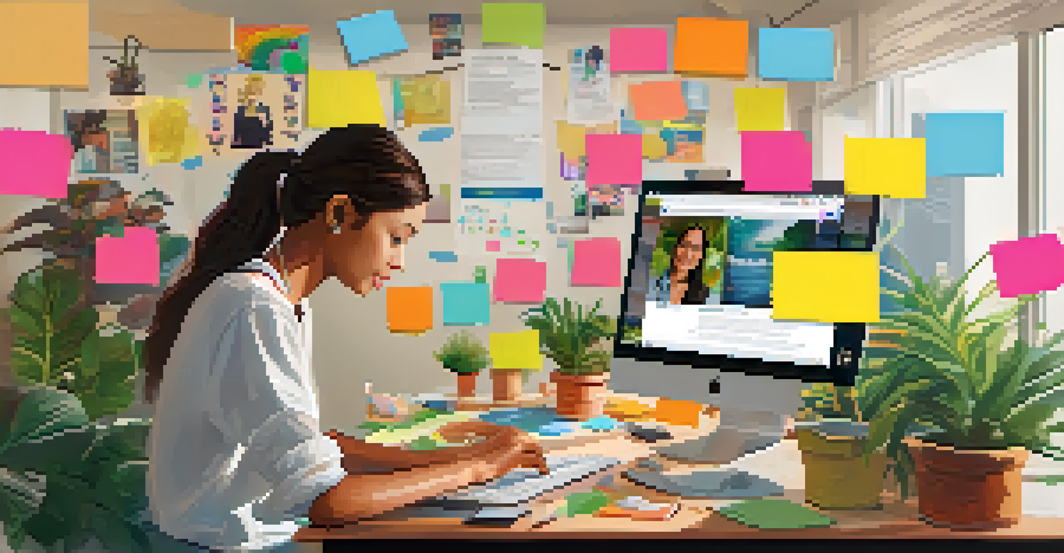 A young woman participating in a virtual volunteering session at her home, with a laptop and colorful sticky notes around her.