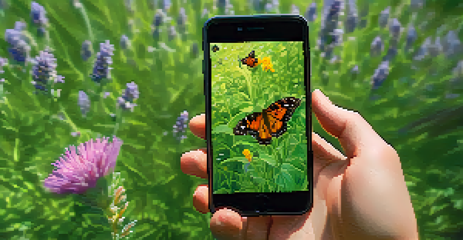 A citizen scientist documenting a butterfly sighting using a smartphone app in a colorful meadow.