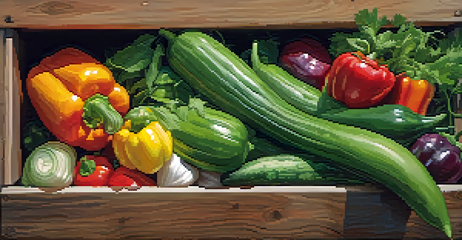 A close-up view of a CSA vegetable box filled with fresh organic produce on a rustic wooden table, showcasing vibrant colors and textures.