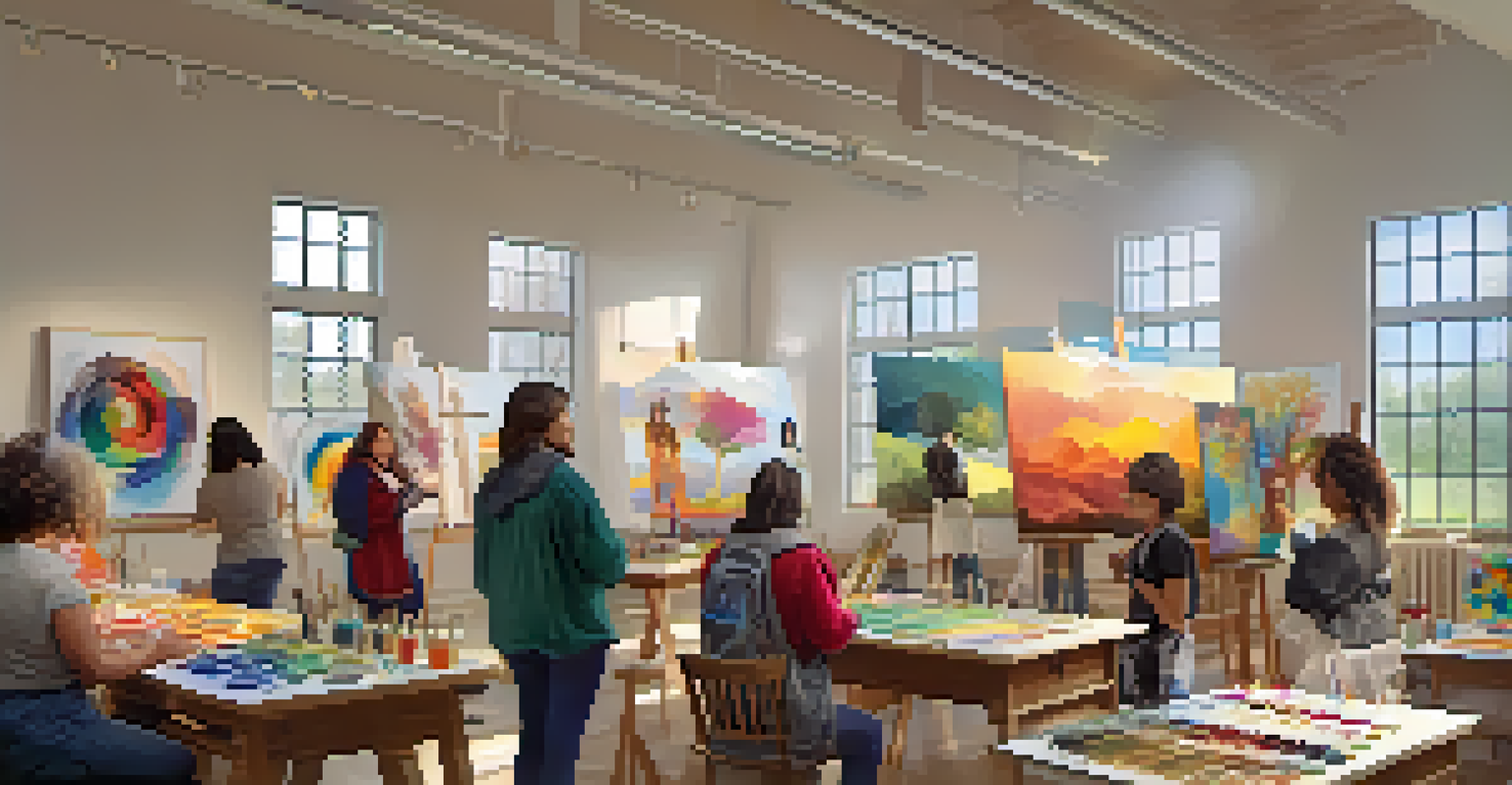 An art workshop in a community center with participants of all ages engaged in painting, sculpting, and playing music, filled with natural light.