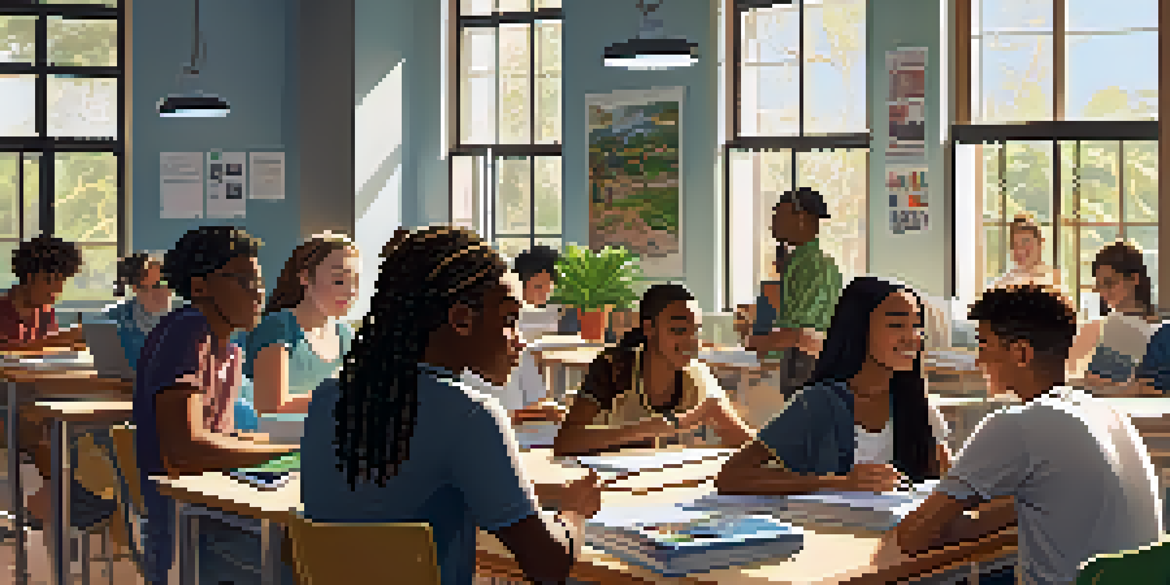 A diverse group of high school students discussing in a bright classroom with notebooks and laptops, surrounded by plants and motivational posters.