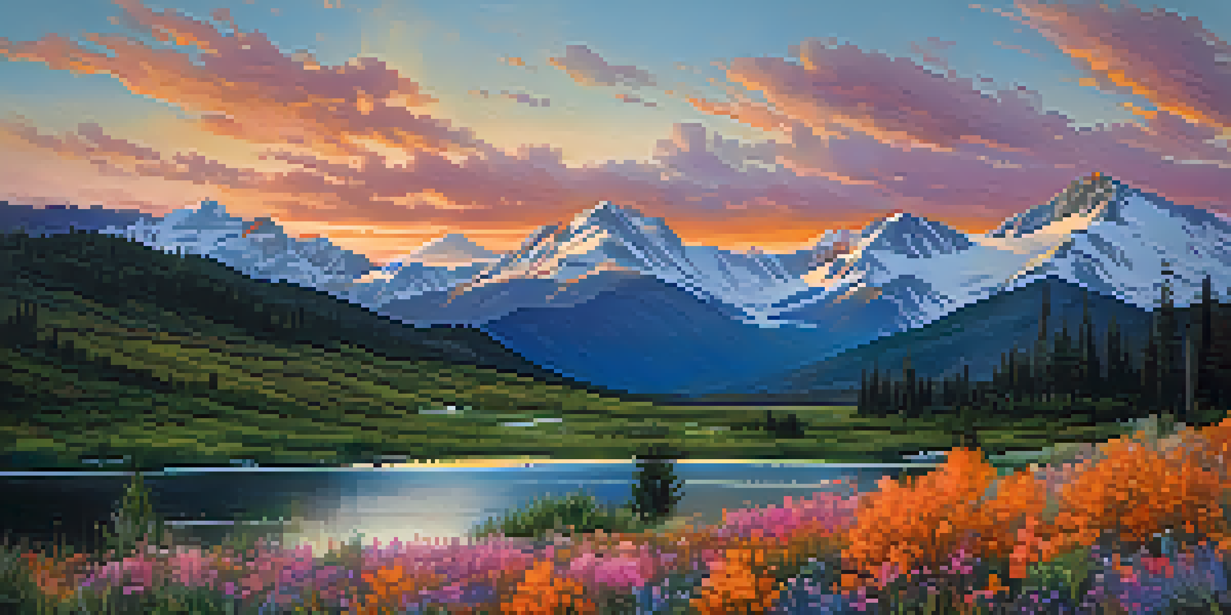 A scenic sunset view of the Colorado mountains with colorful wildflowers in the foreground and a glistening river.
