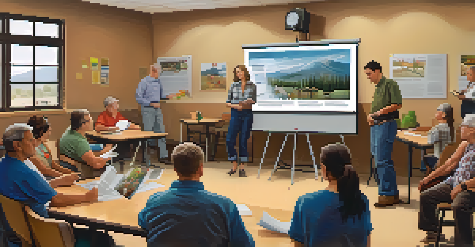 Neighbors participating in a wildfire preparedness workshop, discussing safety strategies in a community center.