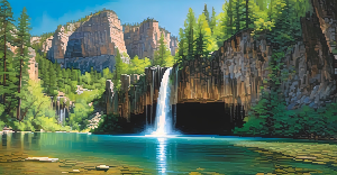 A beautiful turquoise lake surrounded by greenery and waterfalls, with rocky cliffs in the background.