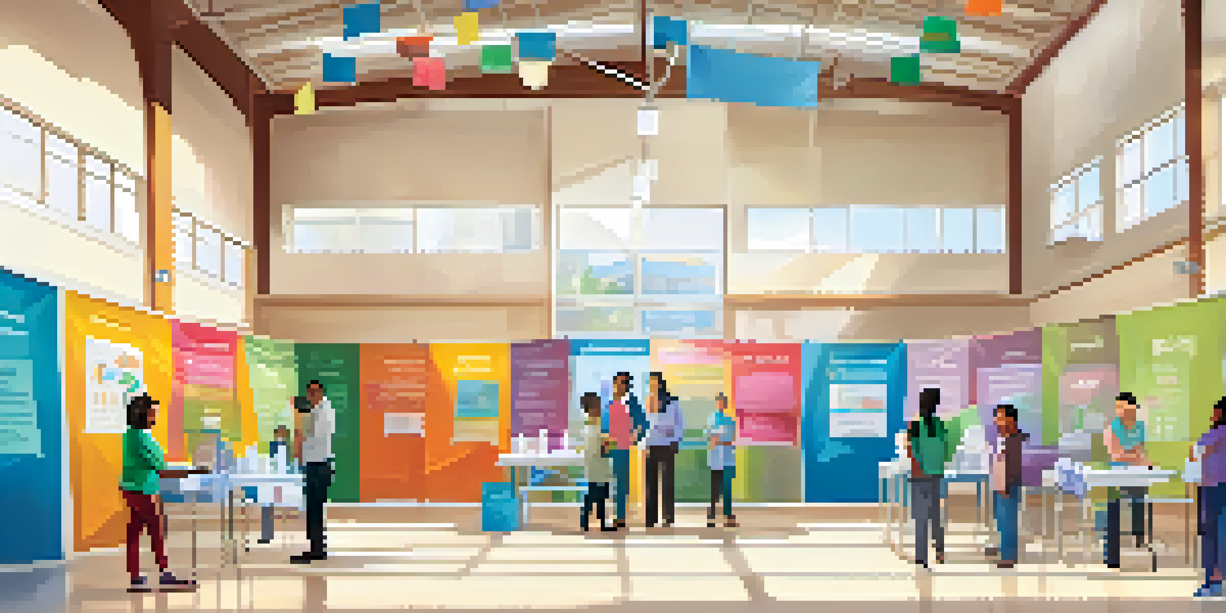 A community vaccination clinic in a school gym, with families and healthcare professionals interacting in a friendly atmosphere.