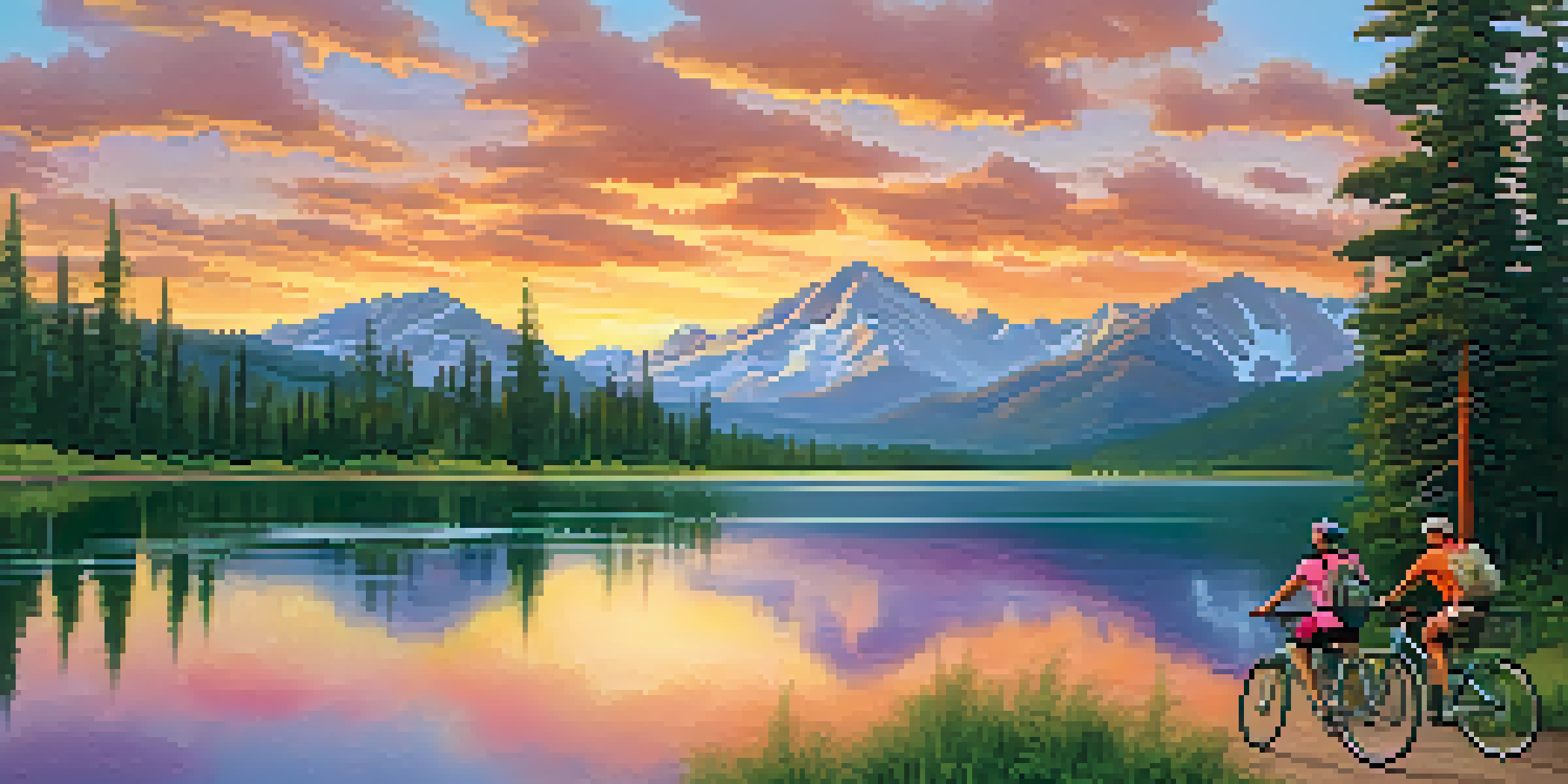 A scenic view of Colorado's mountains with a sunset sky and travelers biking along a lake.