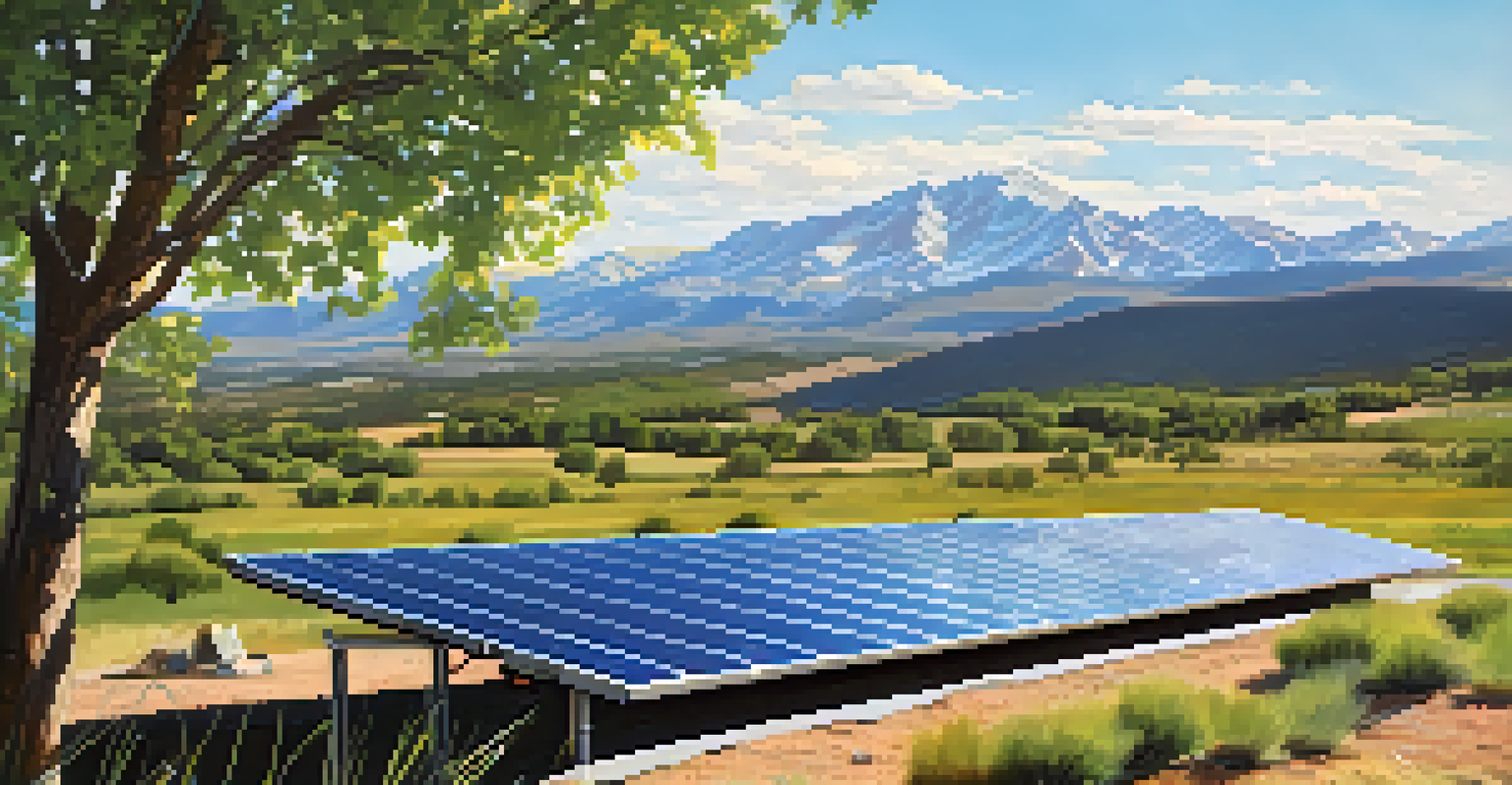 Close-up view of advanced solar panels in a green landscape with mountains in the background.