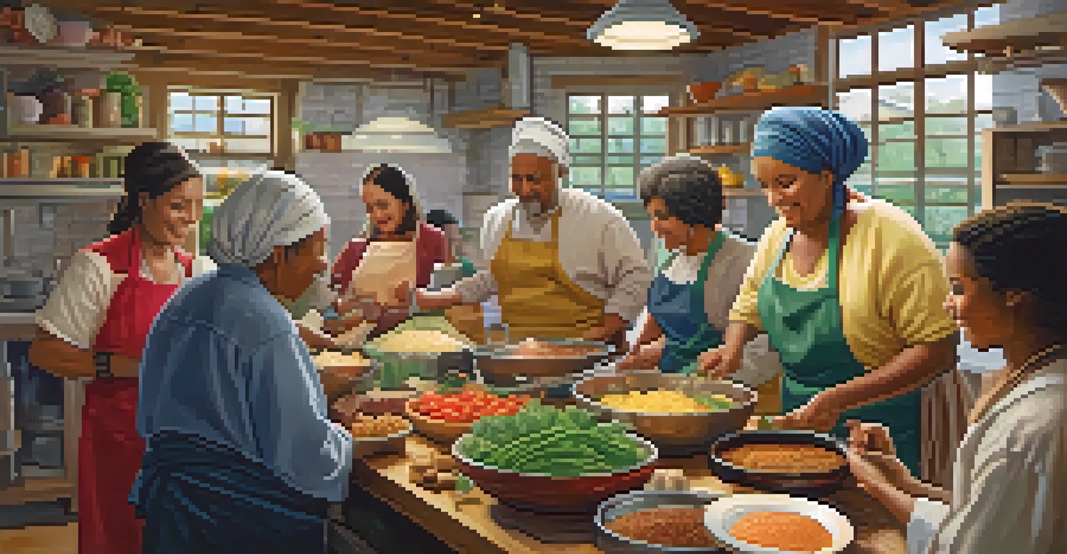 A community kitchen with diverse immigrants cooking traditional dishes together, filled with vibrant colors and a sense of unity.