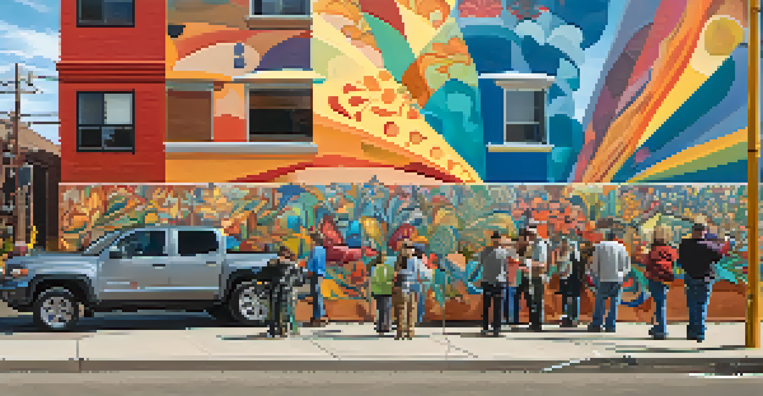 Artists painting a vibrant mural on a building, reflecting community culture, with onlookers admiring the artwork in a lively neighborhood.