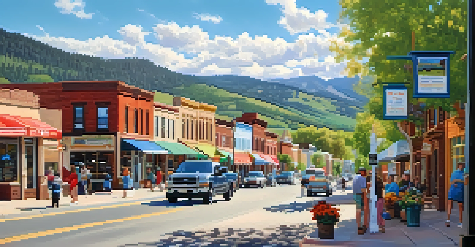 A lively small-town street in Colorado with local shops and cafes, colorful flowers, and people enjoying a sunny day.