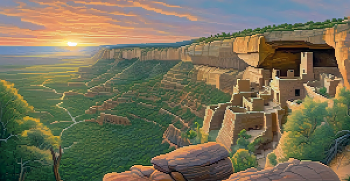 A scenic view of Mesa Verde National Park with ancient cliff dwellings basking in the warm light of a sunset, surrounded by green vegetation and rocky cliffs.