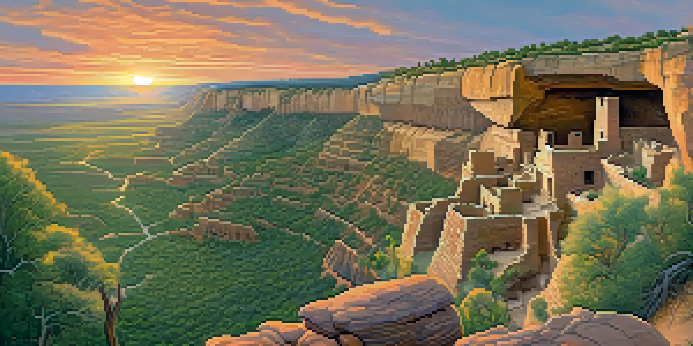 A scenic view of Mesa Verde National Park with ancient cliff dwellings basking in the warm light of a sunset, surrounded by green vegetation and rocky cliffs.