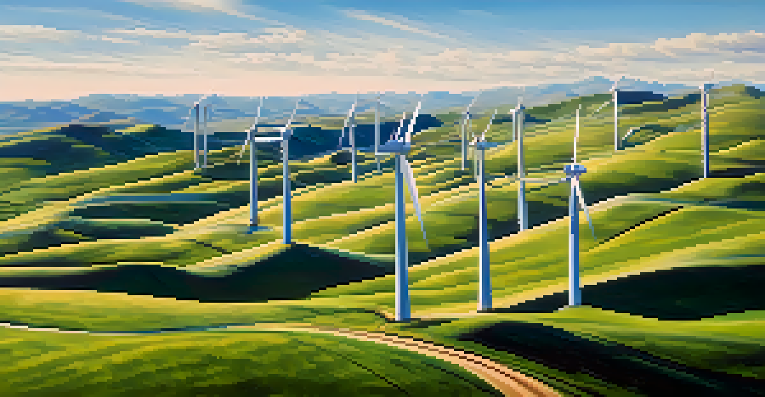 An aerial view of wind turbines on hills in Colorado, with a clear blue sky and green grass.