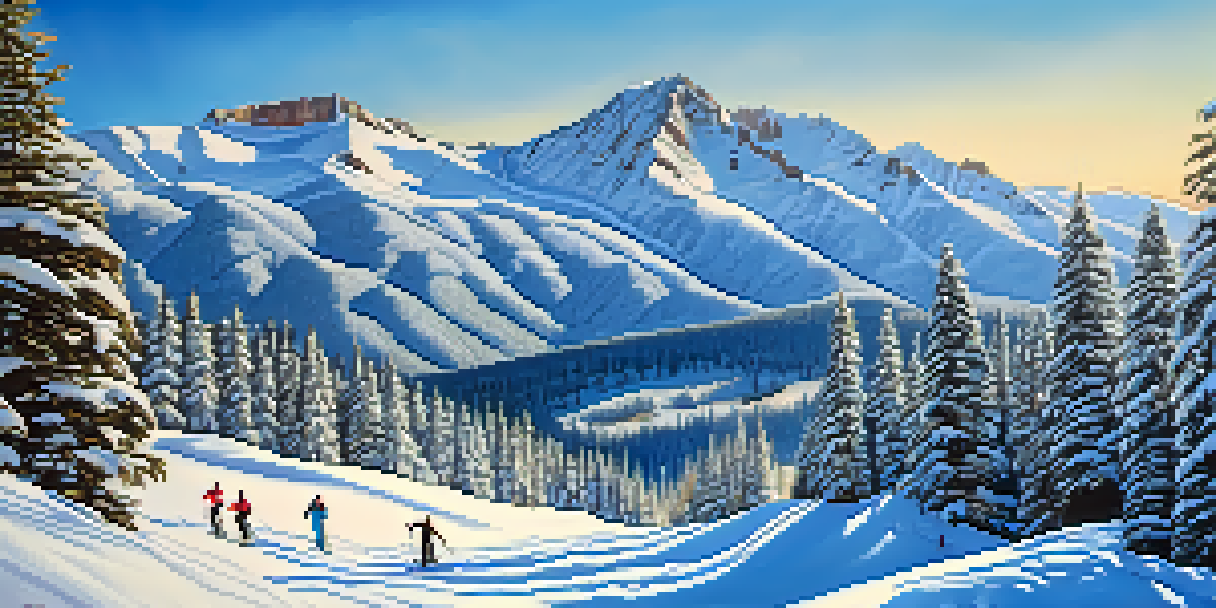 A snowy ski resort in the Rocky Mountains with skiers on the slopes and snow-covered trees.