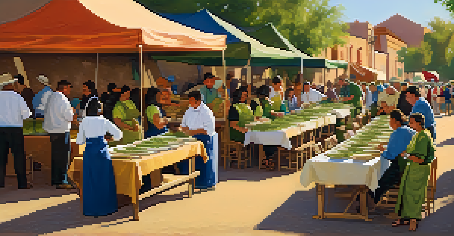 A culinary festival showcasing green chiles and beans with chefs cooking, attendees sampling food, and a warm inviting atmosphere.