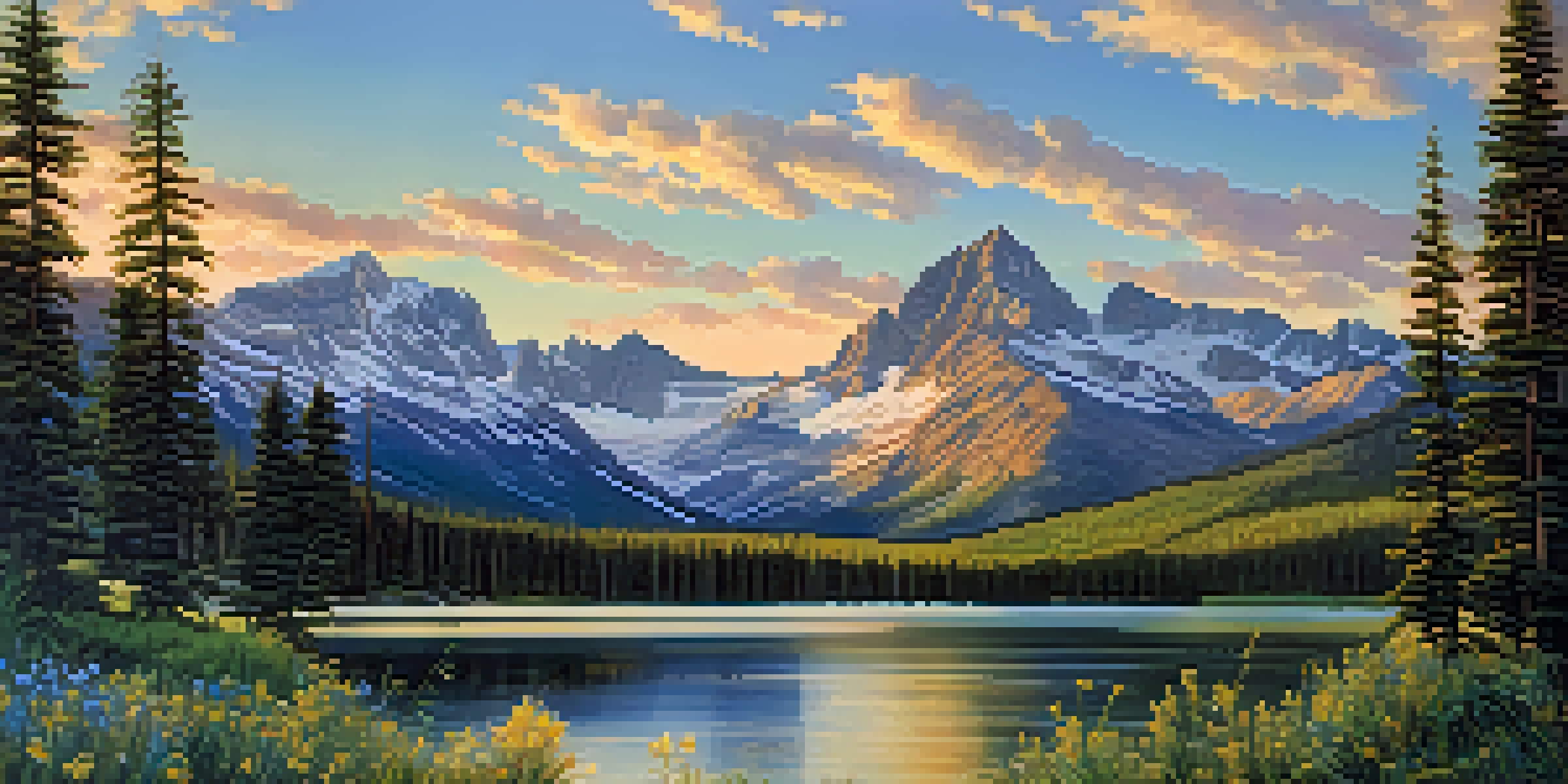 A breathtaking sunrise view of Rocky Mountain National Park with golden light illuminating snow-capped peaks and wildflowers in the foreground.