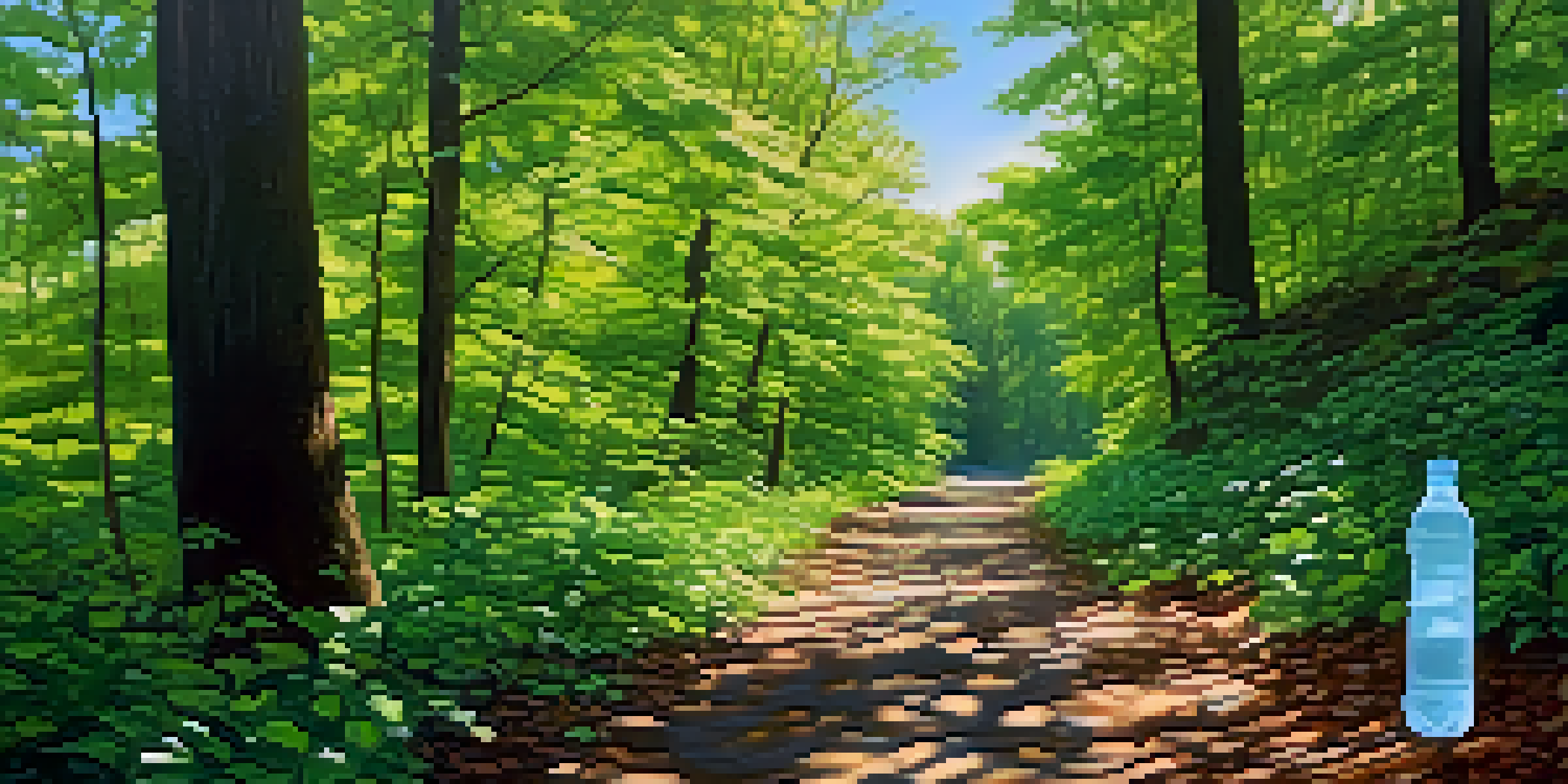 A hiking trail in a green forest with litter visible, including plastic bottles and wrappers, highlighting environmental concerns.