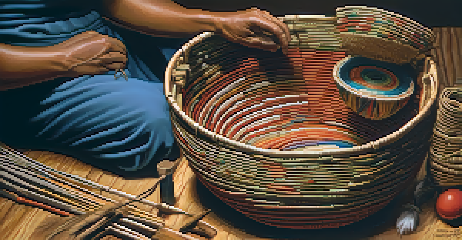 A close-up of a Native American artisan's hands weaving a colorful basket, with tools and materials visible in a warmly lit setting.