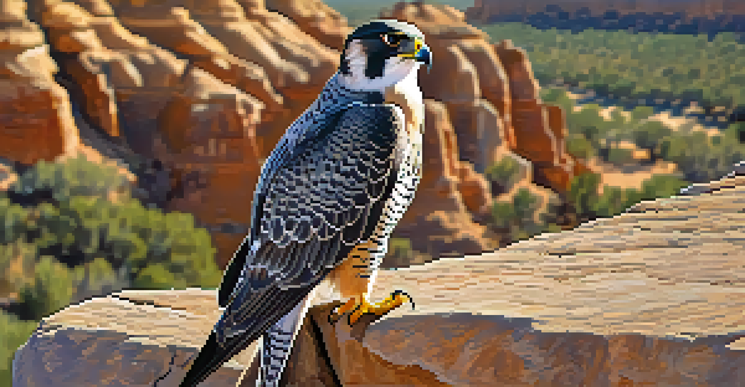 Close-up of a peregrine falcon on a rock in Mesa Verde National Park.
