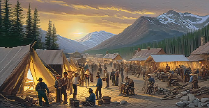A mid-19th century Colorado mining camp with diverse miners working together, wooden tents in the background, and a sunset over the Rocky Mountains.