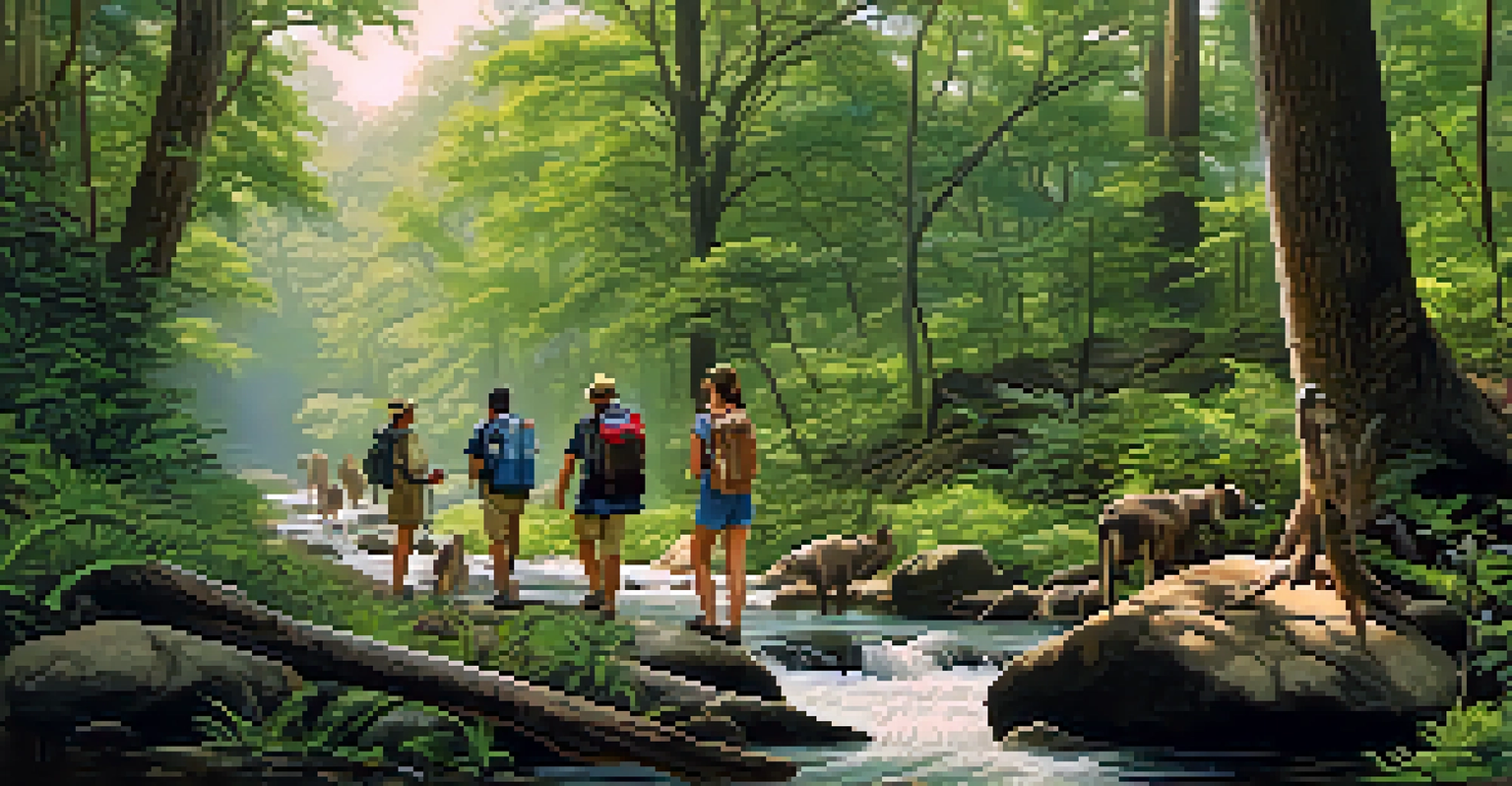 Tourists learning about conservation in a national park, surrounded by lush forests and wildlife.