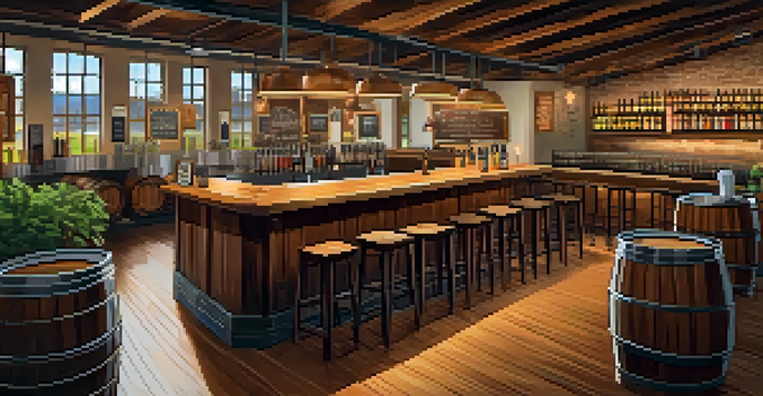 An interior view of a craft brewery with wooden barrels, a bar with craft beer taps, and patrons sitting at rustic tables, illuminated by warm lighting.
