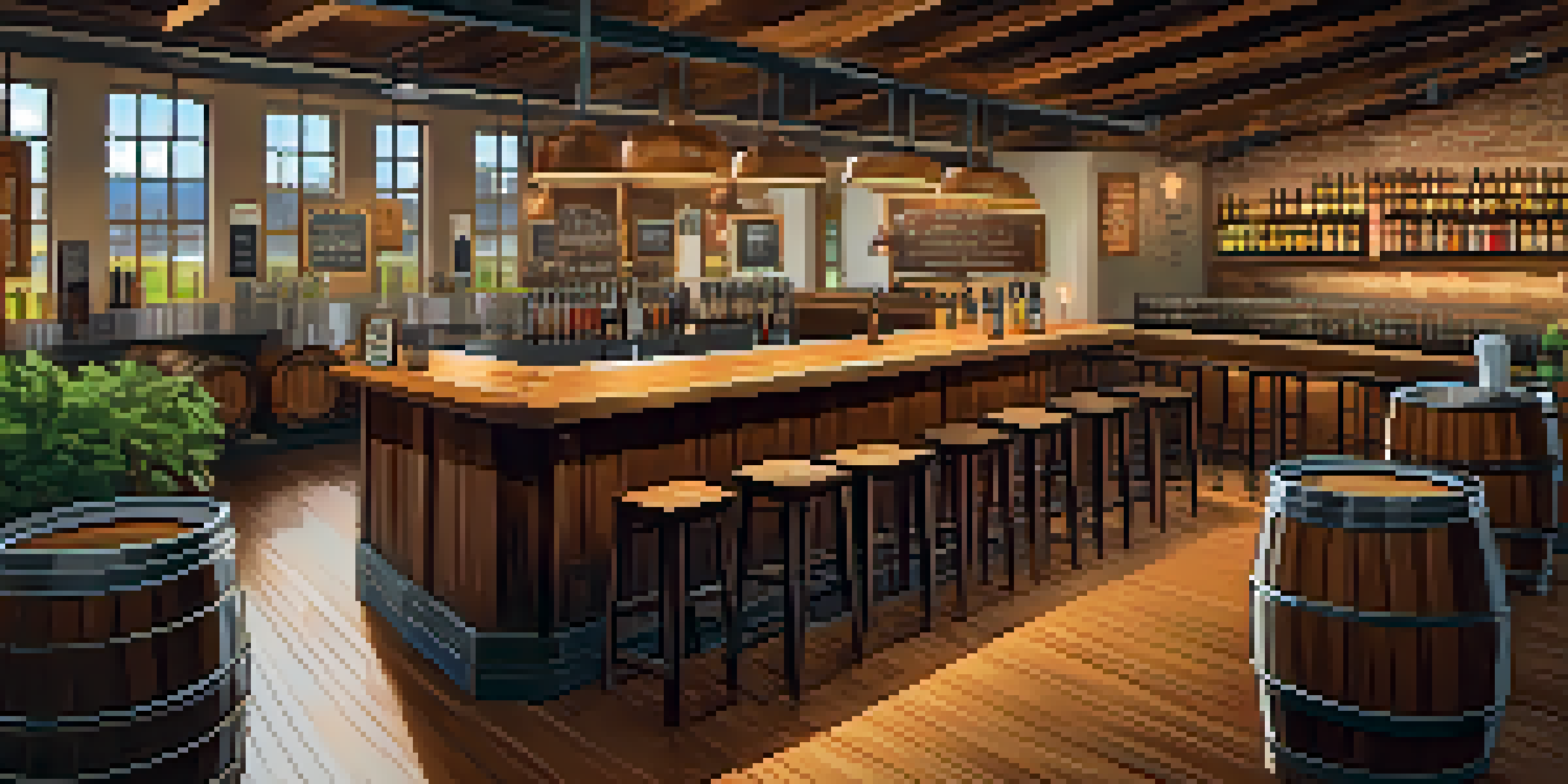 An interior view of a craft brewery with wooden barrels, a bar with craft beer taps, and patrons sitting at rustic tables, illuminated by warm lighting.
