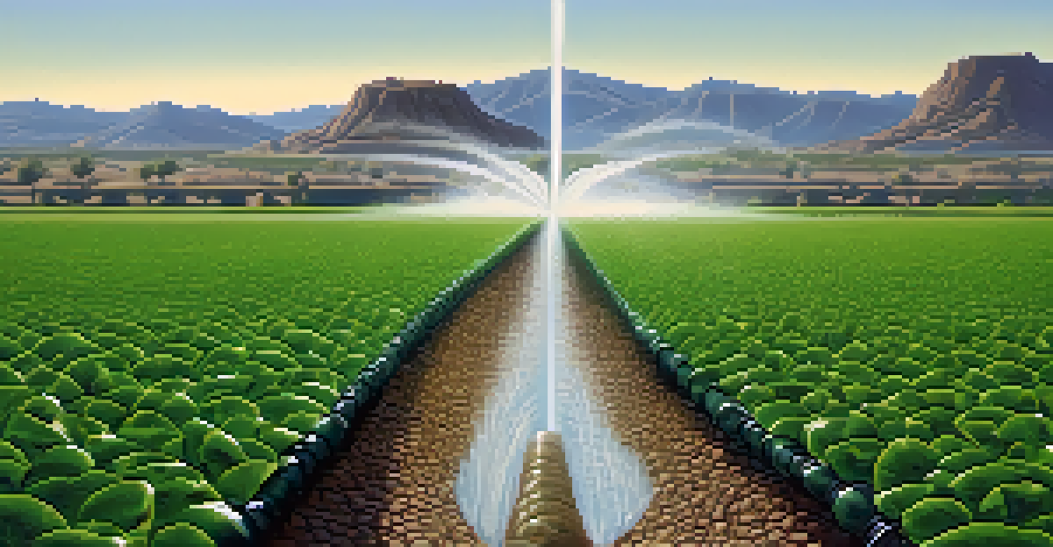 Close-up of an irrigation system watering green plants against a backdrop of dry, cracked earth.