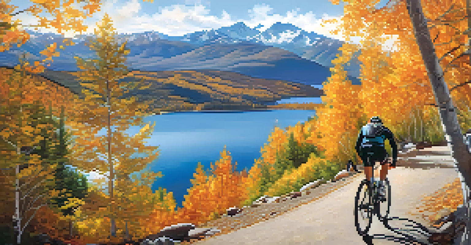 A cyclist at the Sapphire Point Overlook Trail, admiring the views of Dillon Reservoir surrounded by mountains and autumn foliage.