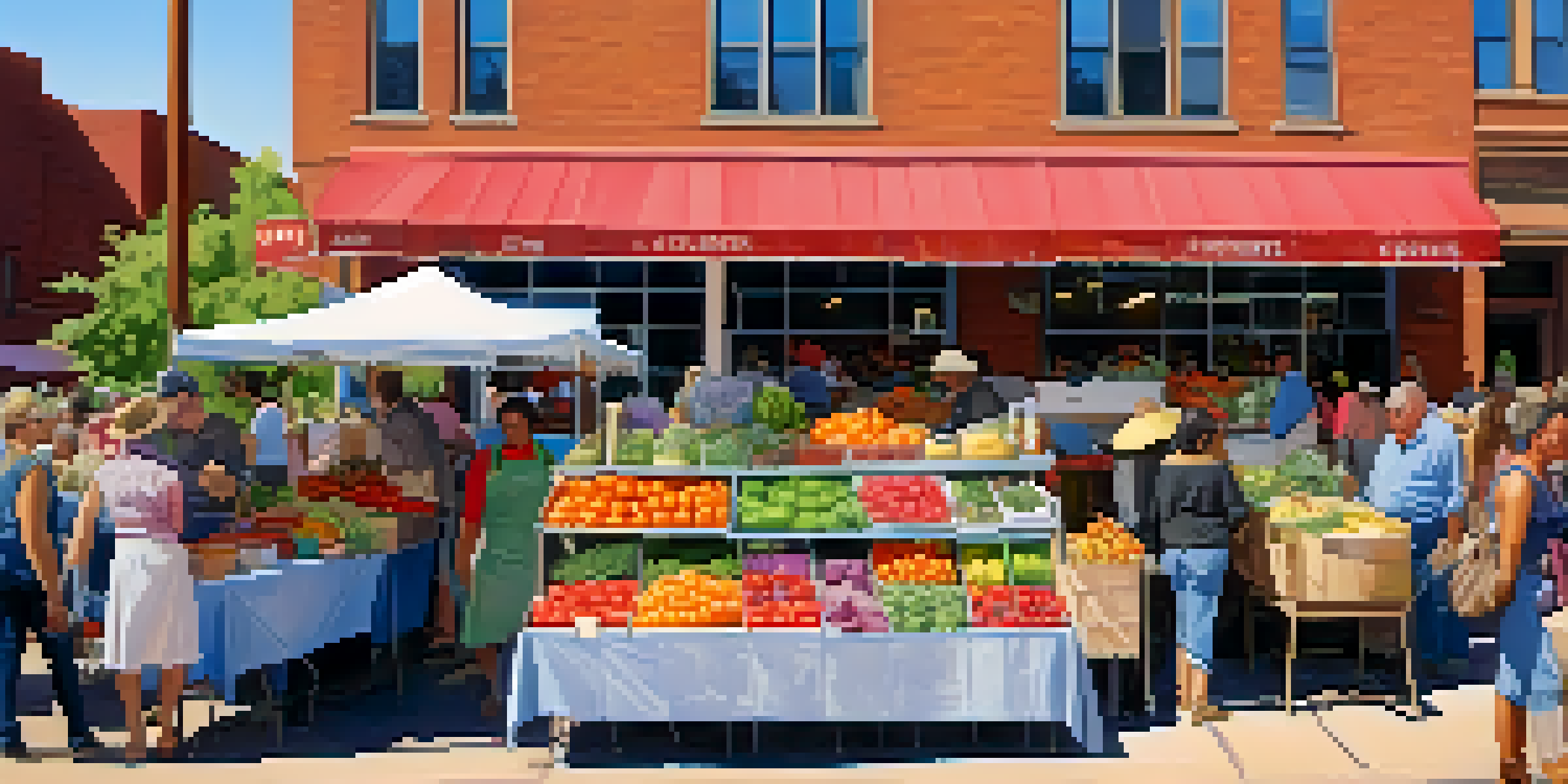 A lively farmer's market in Colorado with colorful stalls and shoppers enjoying fresh produce under a sunny sky.