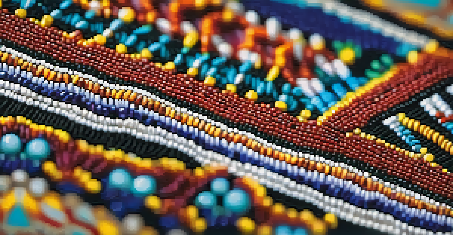 A close-up view of colorful Ute beadwork, displaying intricate patterns and textures.