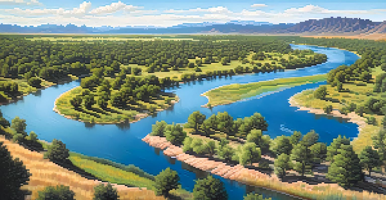 Aerial view of the South Platte River showing restored banks with native plants and a picturesque mountain backdrop.