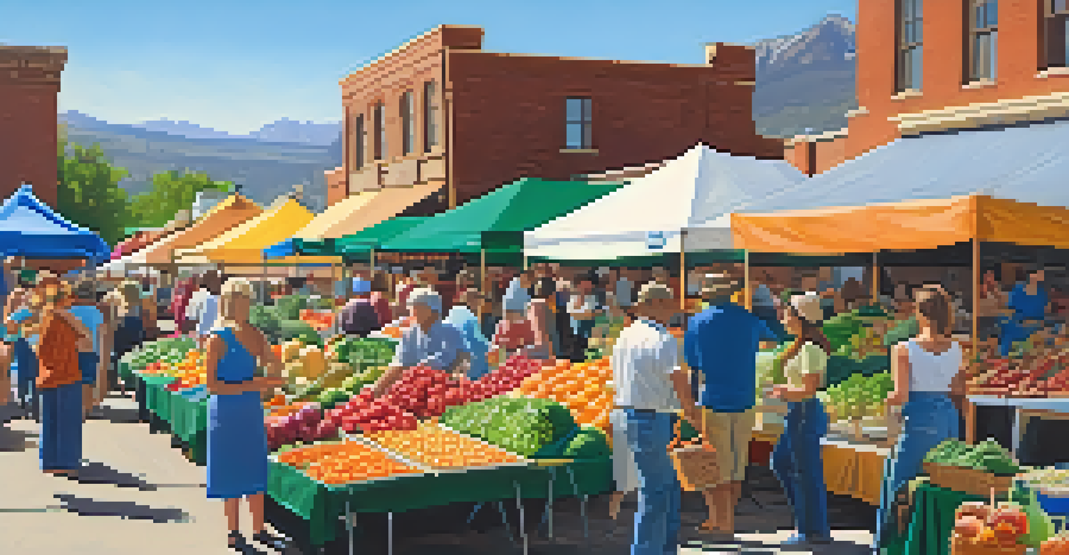 A lively farmers' market in Colorado with colorful fruits and vegetables, farmers interacting with customers, and the Rocky Mountains in the background.