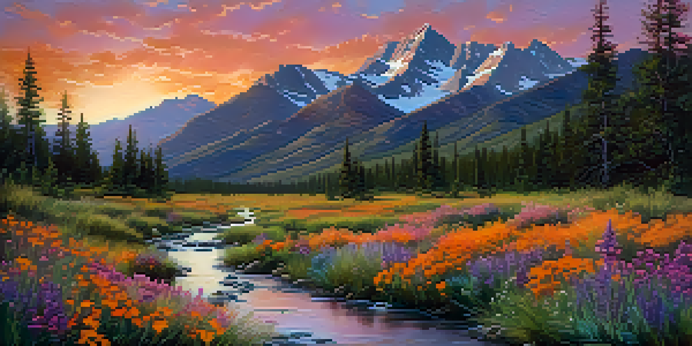 A serene sunset over the Rocky Mountains in Colorado, with blooming wildflowers and a gentle stream.