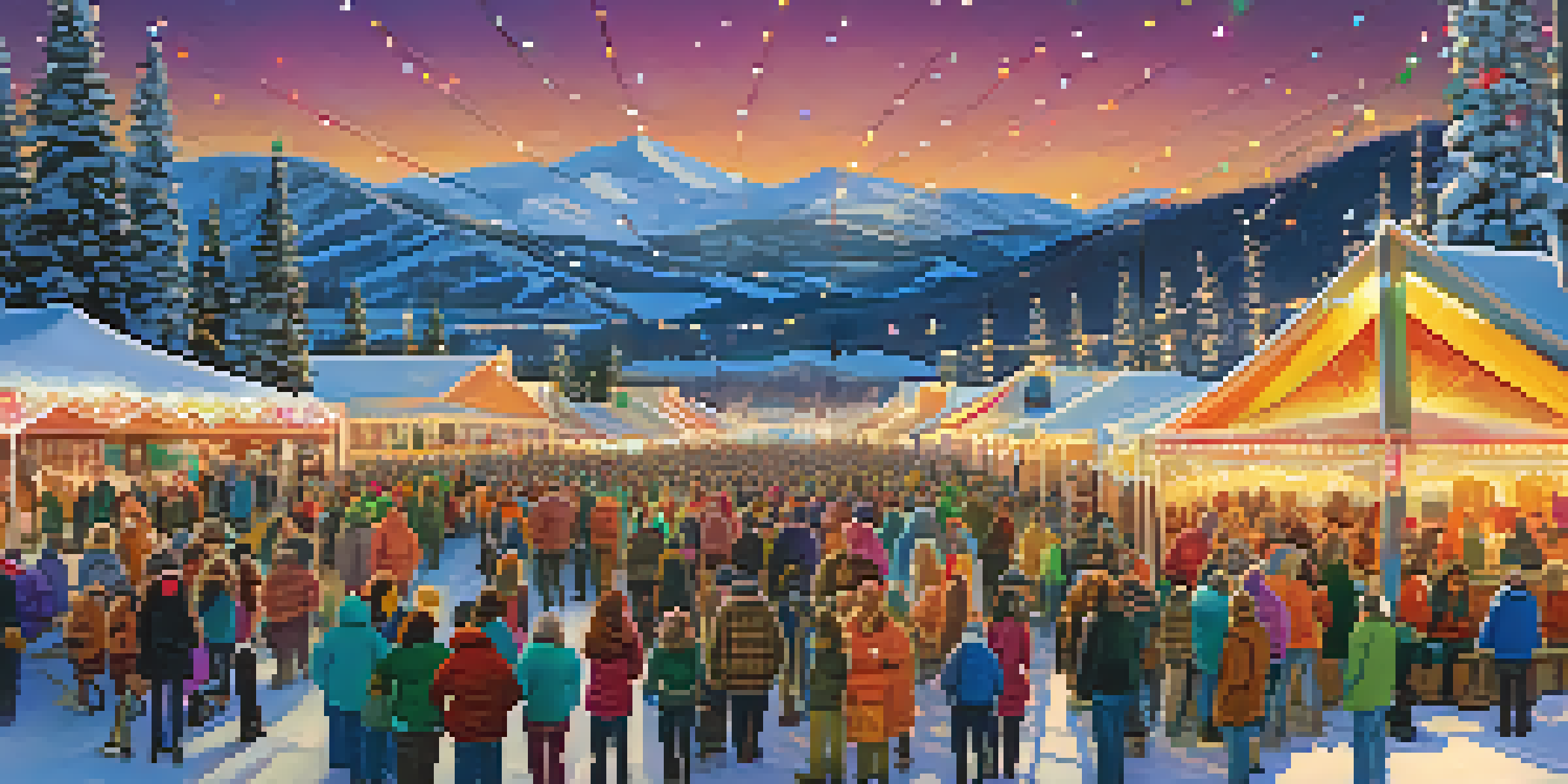 A colorful winter music festival in the mountains with a crowd enjoying live music, illuminated by fairy lights and a sunset glow.