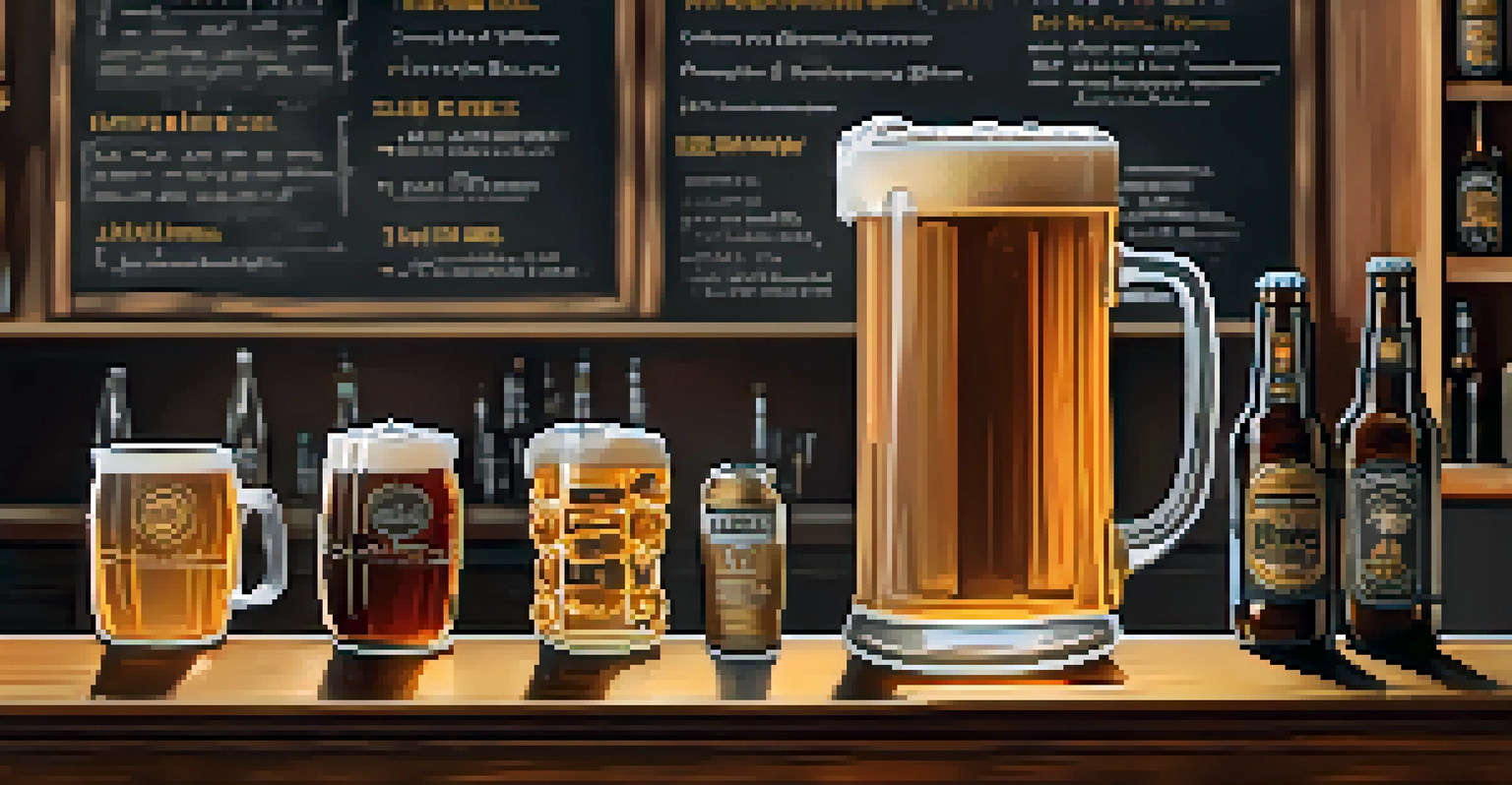 A close-up of a glass of golden craft beer on a wooden bar, with shelves of craft beer bottles and a chalkboard menu in the background, illuminated by soft lighting.