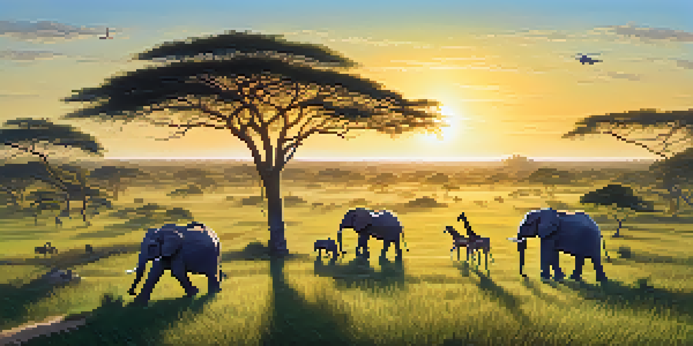 An aerial view of a savannah with elephants and giraffes, under a golden morning sun and a blue sky with clouds, with drones in the sky.