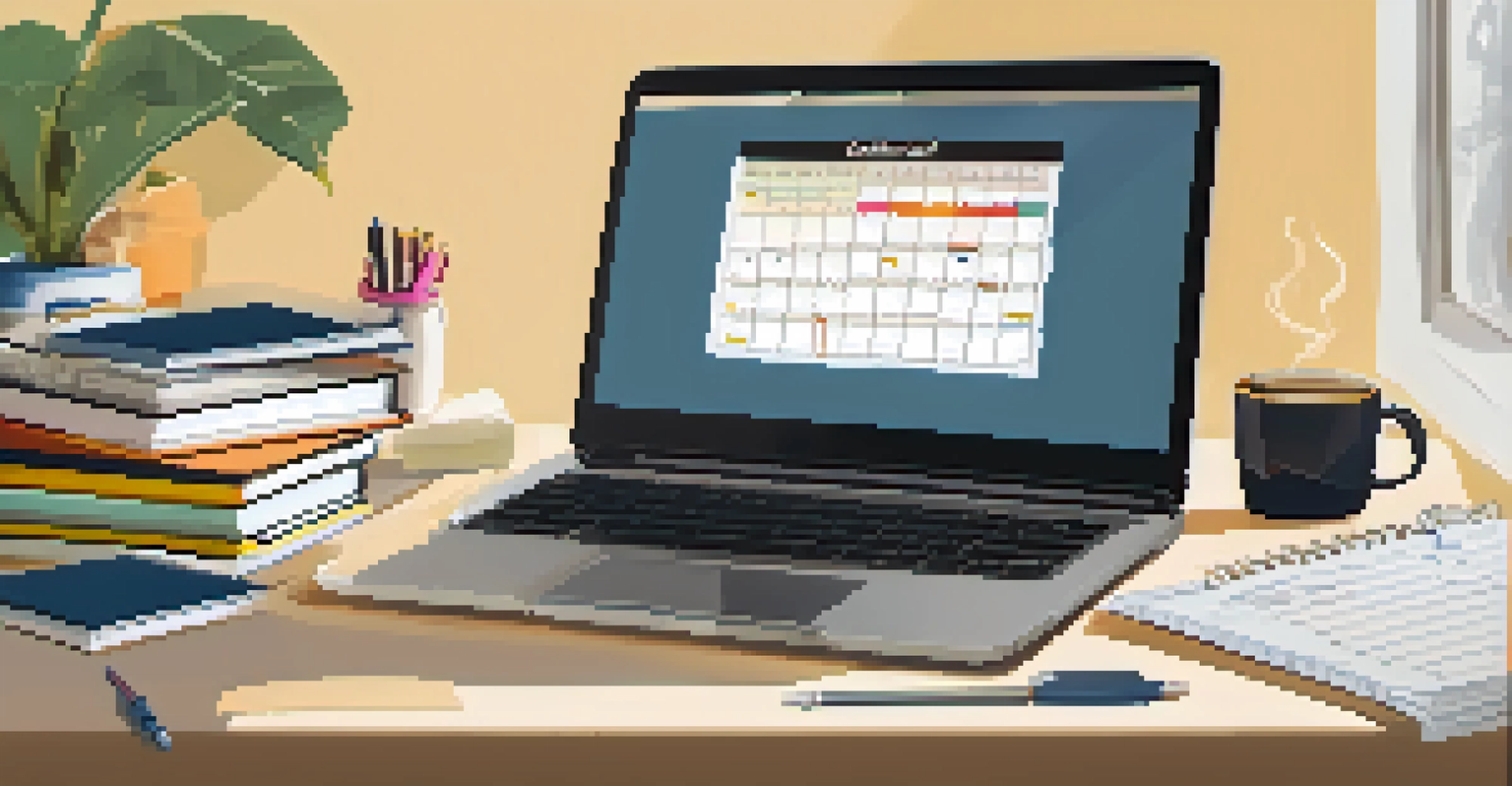 A tidy study desk featuring a laptop, notebooks, and a calendar with financial aid deadlines.