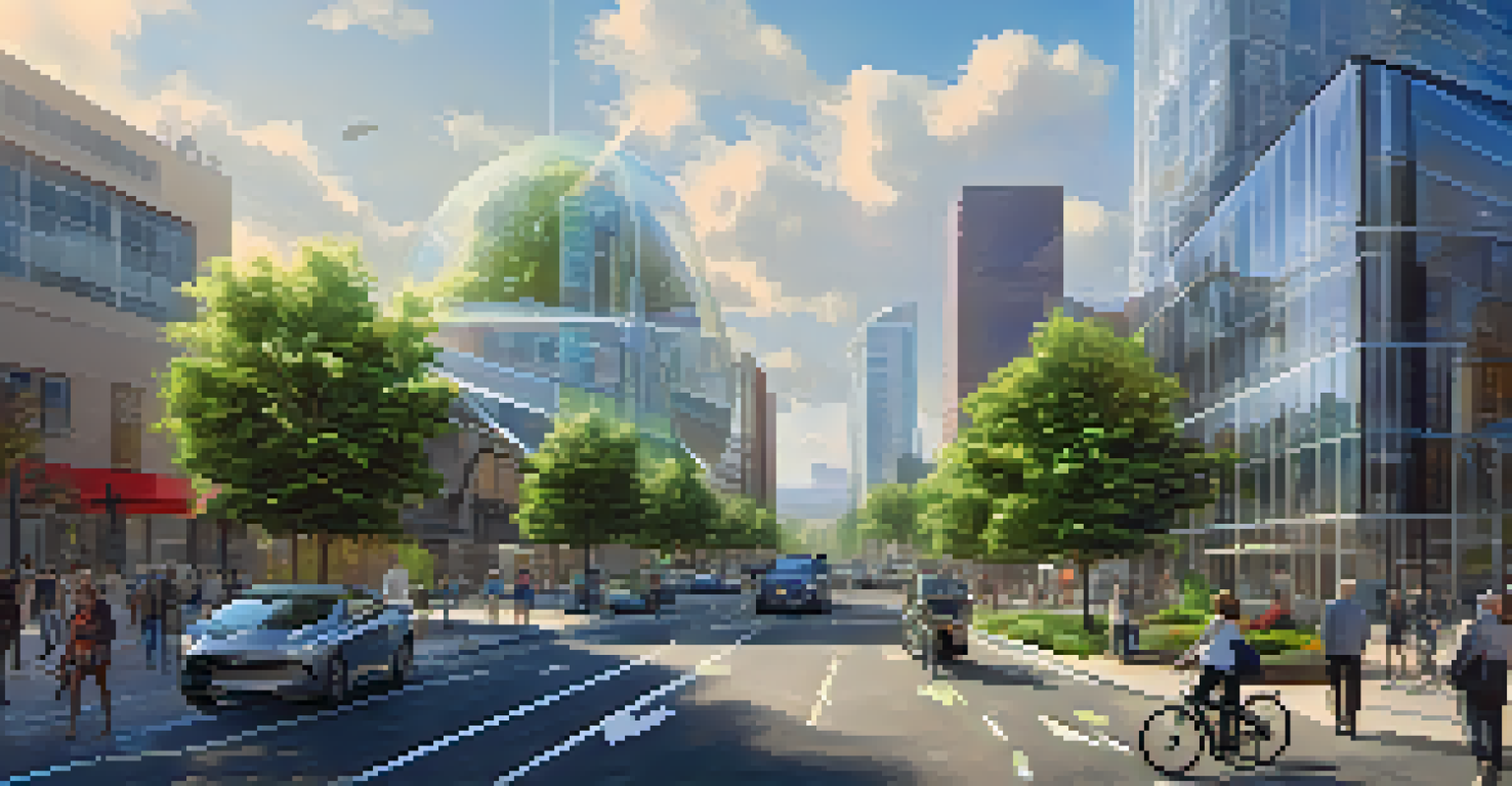 A modern city in Colorado with smart technology, solar panels, and green spaces, showcasing pedestrians and cyclists in a vibrant urban setting.