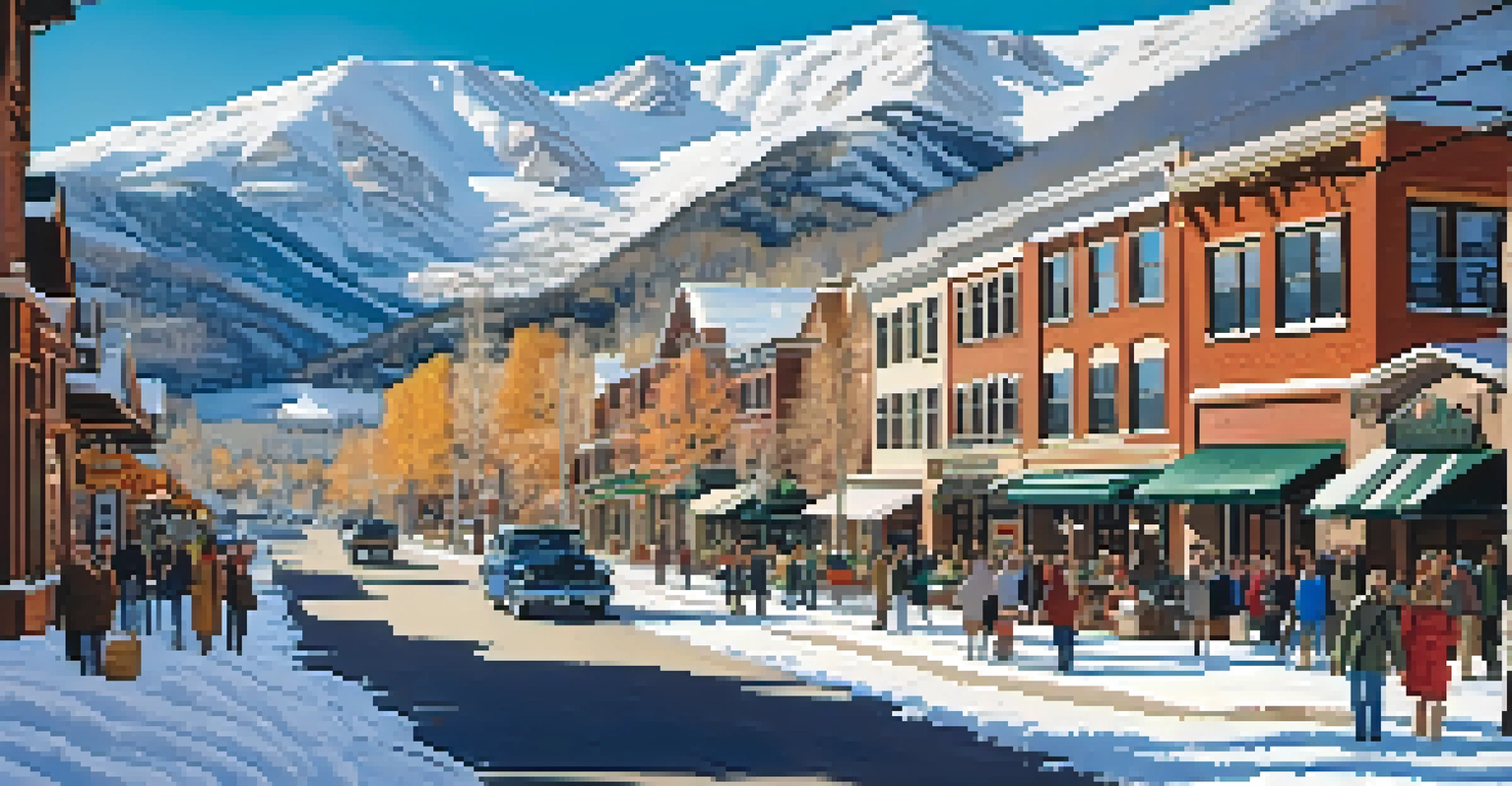 A charming Aspen street with snow-covered boutiques and outdoor dining, set against a mountain backdrop.