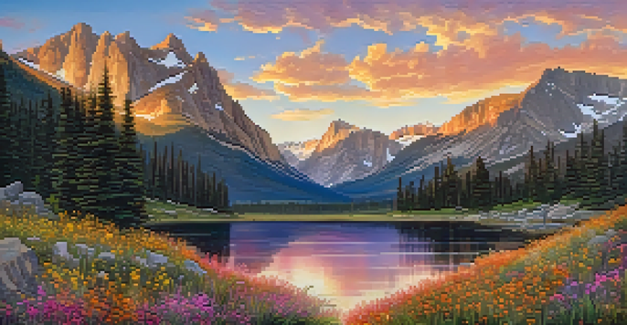 A scenic landscape of Rocky Mountain National Park at sunrise with colorful wildflowers in the foreground and mountains in the background.