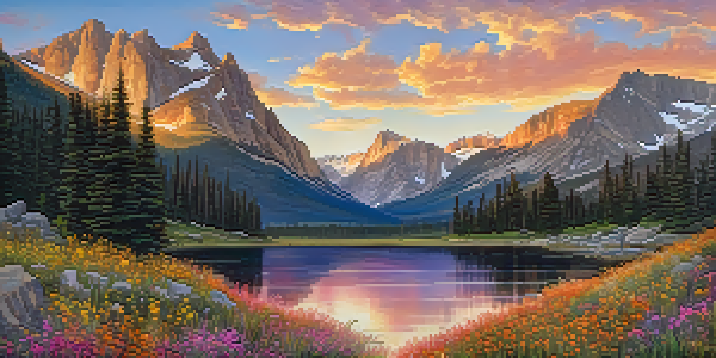 A scenic landscape of Rocky Mountain National Park at sunrise with colorful wildflowers in the foreground and mountains in the background.