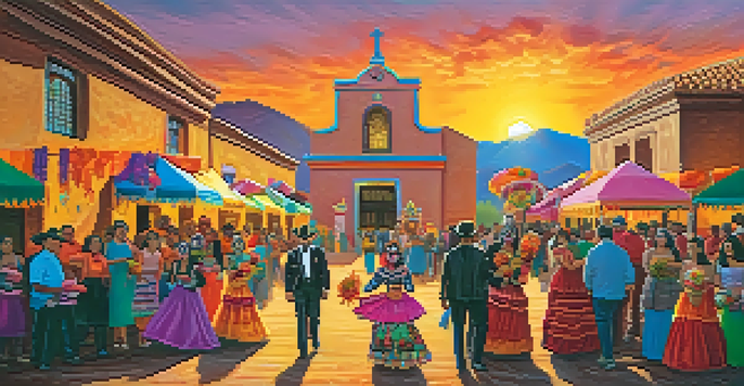 A festive Día de los Muertos celebration in Colorado with colorful decorations, families in traditional attire, and a historic building in the background.