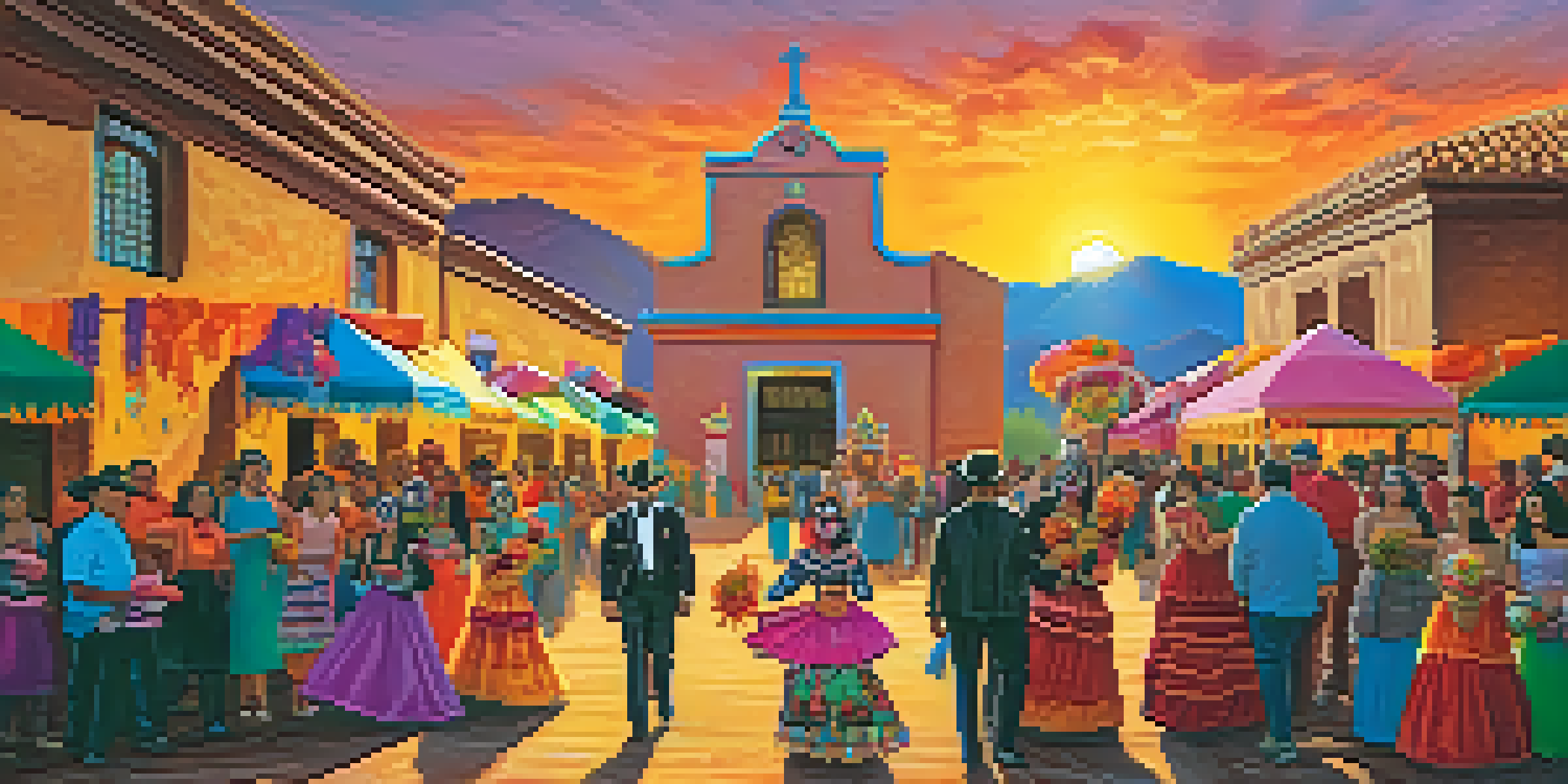 A festive Día de los Muertos celebration in Colorado with colorful decorations, families in traditional attire, and a historic building in the background.