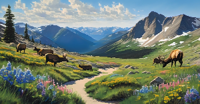 A scenic landscape of Trail Ridge Road with rugged mountains and alpine lakes, adorned with blooming wildflowers and grazing elk.